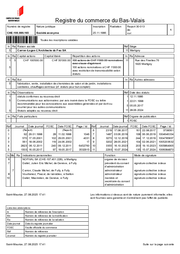 Aperçu — Extrait du registre du commerce